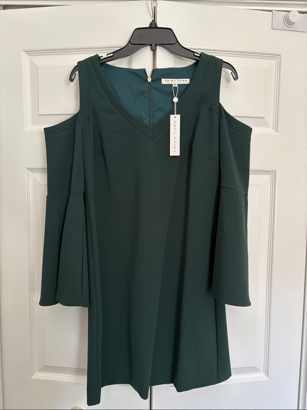 Trina Turk Deep Green Cold-Shoulder V-Neck Dress